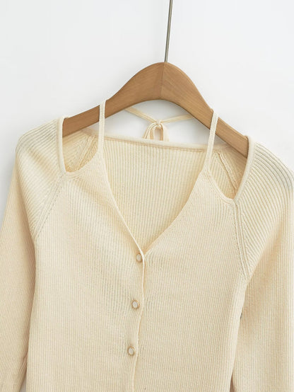 Knitted Cardigan Halter Design V neck Slim Fit Buttoned Cardigan