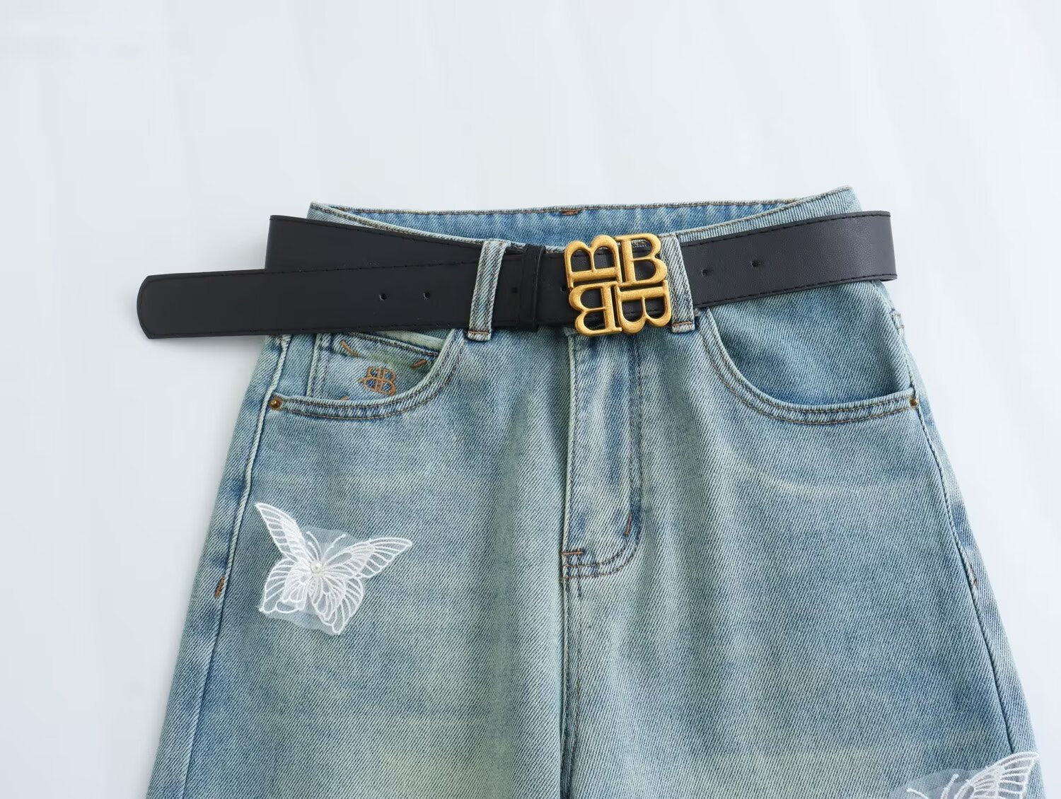 Butterfly Light Blue Chopsticks Pants Elastic Straight Jeans Korean Slimming Mopping Casual Pants