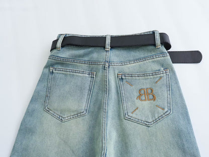 Butterfly Light Blue Chopsticks Pants Elastic Straight Jeans Korean Slimming Mopping Casual Pants
