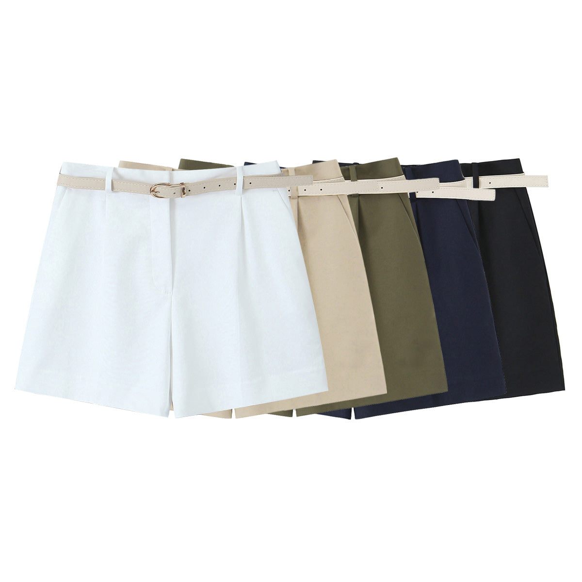 Women Clothing Summer Office Casual With Belt Pleated Wide Leg Shorts.