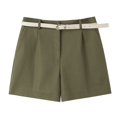 Women Clothing Summer Office Casual With Belt Pleated Wide Leg Shorts.