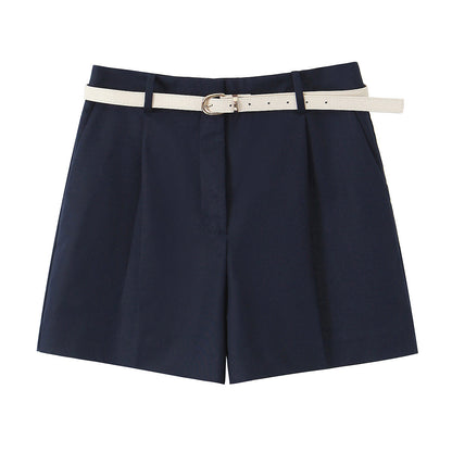 Women Clothing Summer Office Casual With Belt Pleated Wide Leg Shorts.