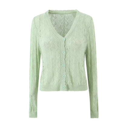  Crocheted Knitted Cardigan V neck Slim Sun Protection Clothing Top