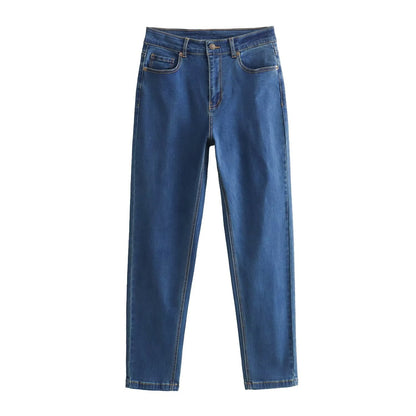 High Waist Springs Women Slimming Pockets Retro Skinny Trousers Jeans.