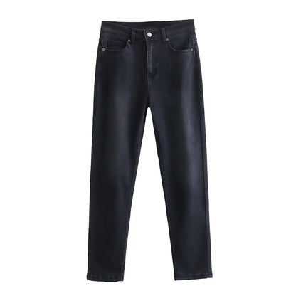 High Waist Springs Women Slimming Pockets Retro Skinny Trousers Jeans.