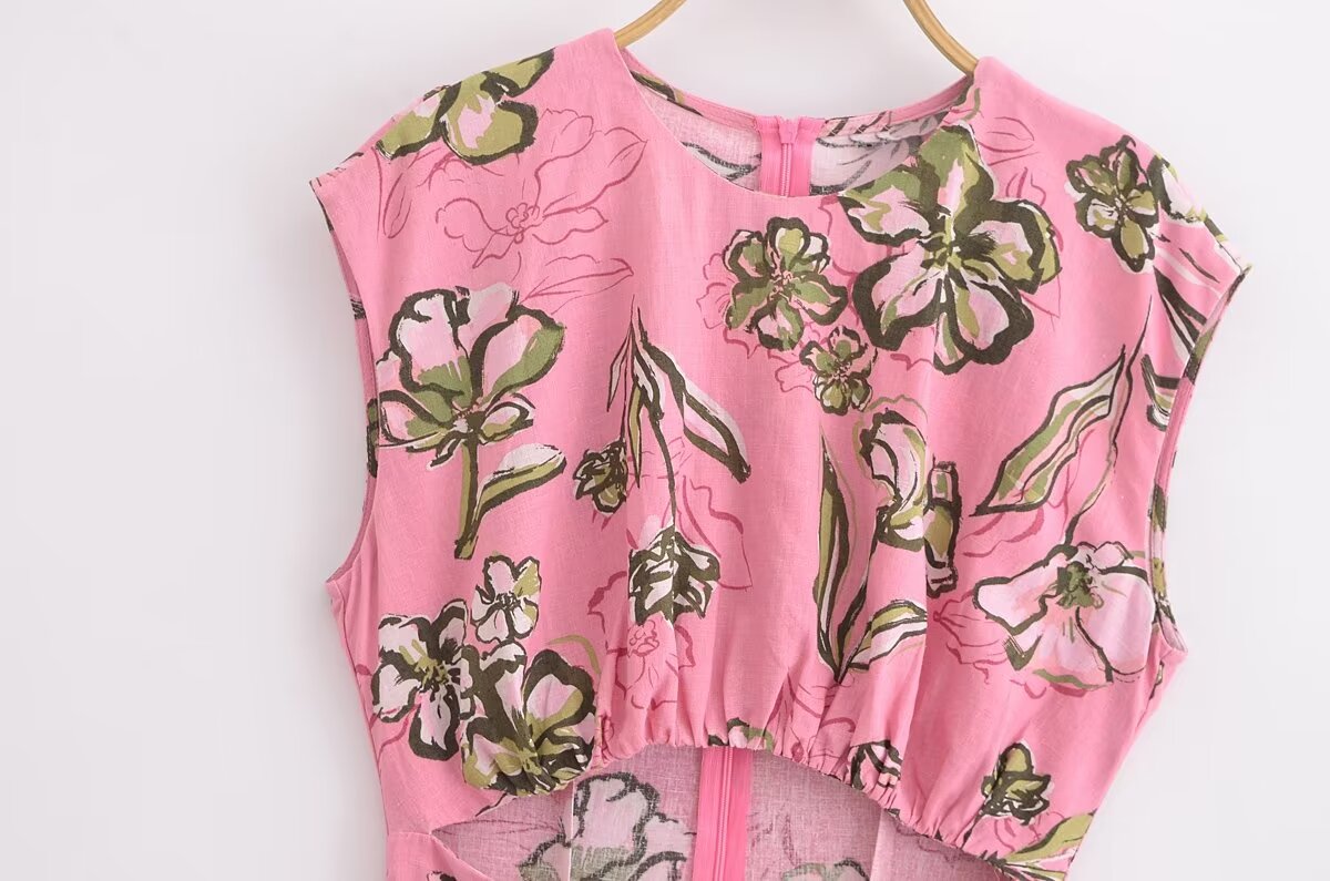 Women Cut Out Dress French Linen Blend Hollow Out Printed Summer Style
