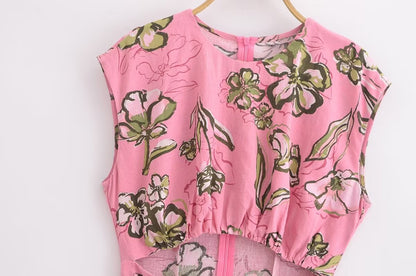 Women Cut Out Dress French Linen Blend Hollow Out Printed Summer Style
