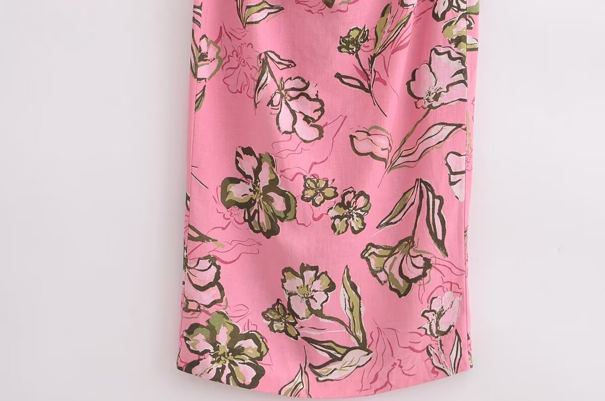 Women Cut Out Dress French Linen Blend Hollow Out Printed Summer Style