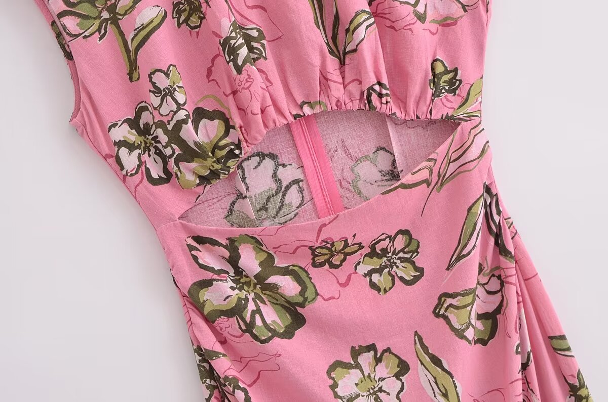 Women Cut Out Dress French Linen Blend Hollow Out Printed Summer Style