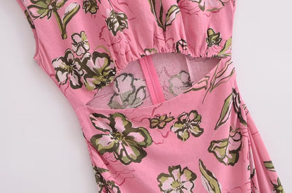 Women Cut Out Dress French Linen Blend Hollow Out Printed Summer Style