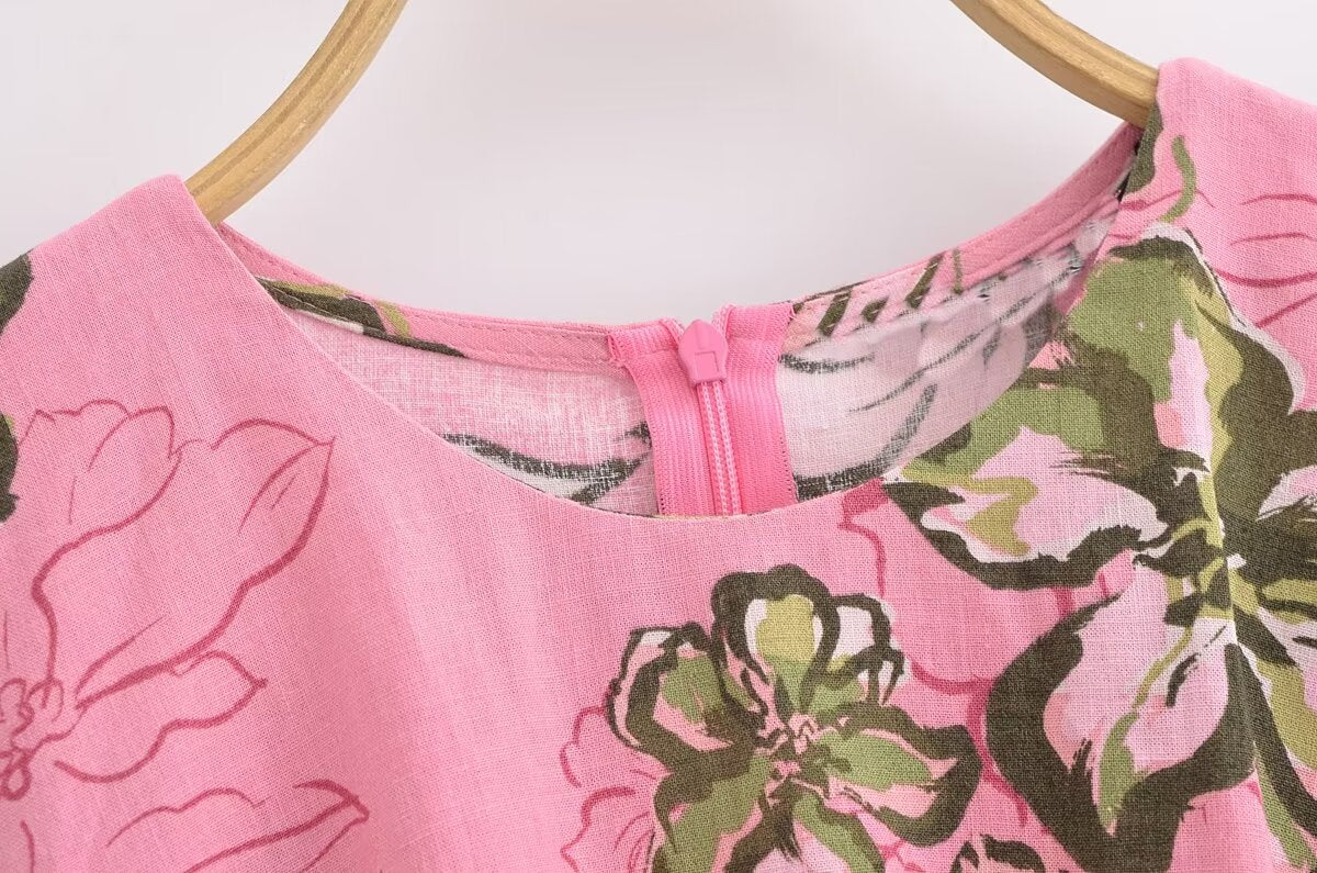 Women Cut Out Dress French Linen Blend Hollow Out Printed Summer Style