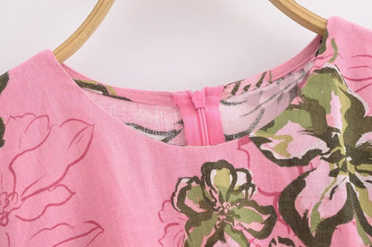Women Cut Out Dress French Linen Blend Hollow Out Printed Summer Style