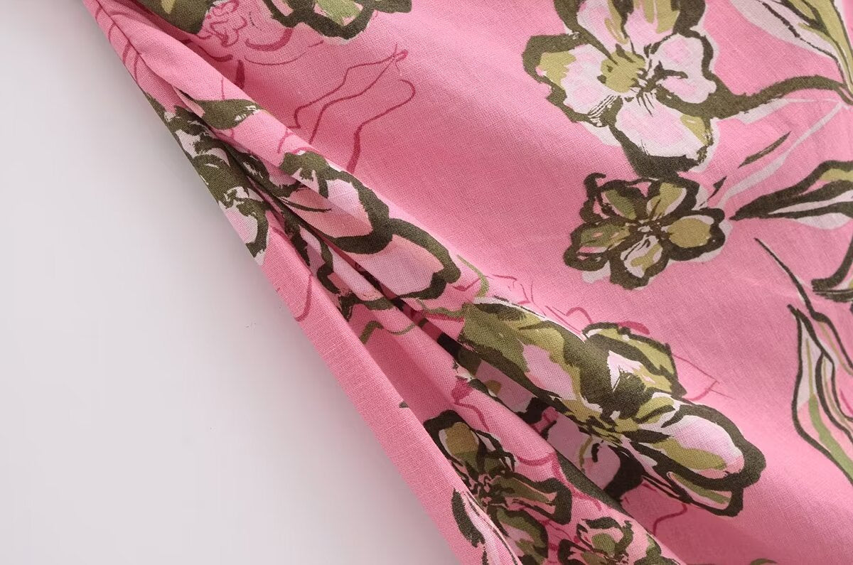 Women Cut Out Dress French Linen Blend Hollow Out Printed Summer Style