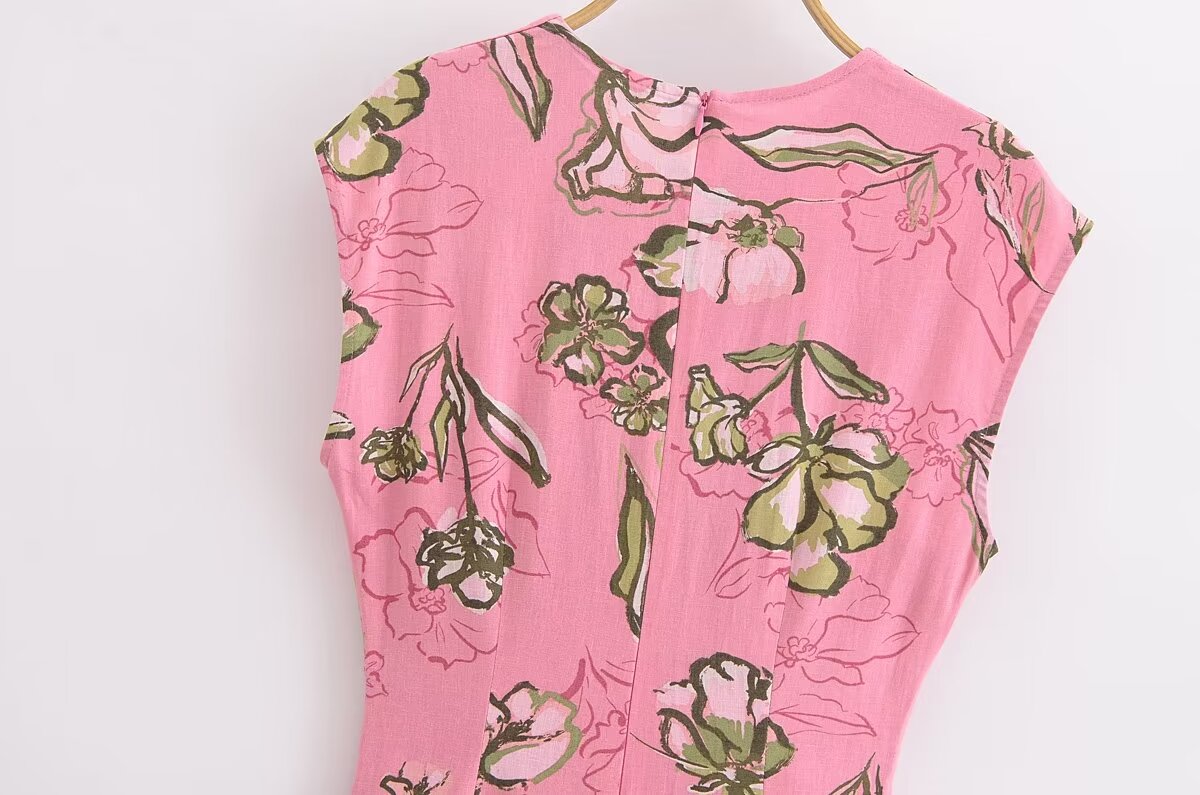 Women Cut Out Dress French Linen Blend Hollow Out Printed Summer Style