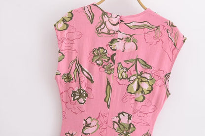 Women Cut Out Dress French Linen Blend Hollow Out Printed Summer Style