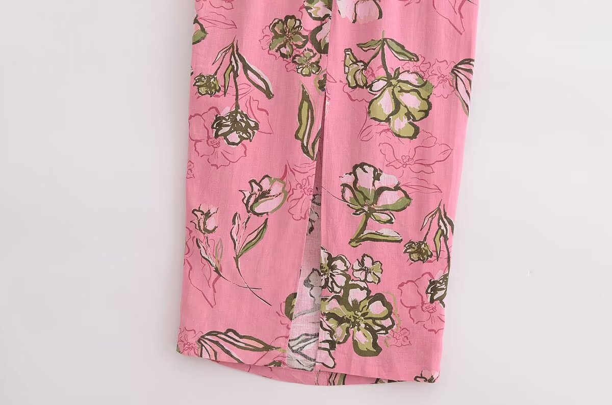 Women Cut Out Dress French Linen Blend Hollow Out Printed Summer Style