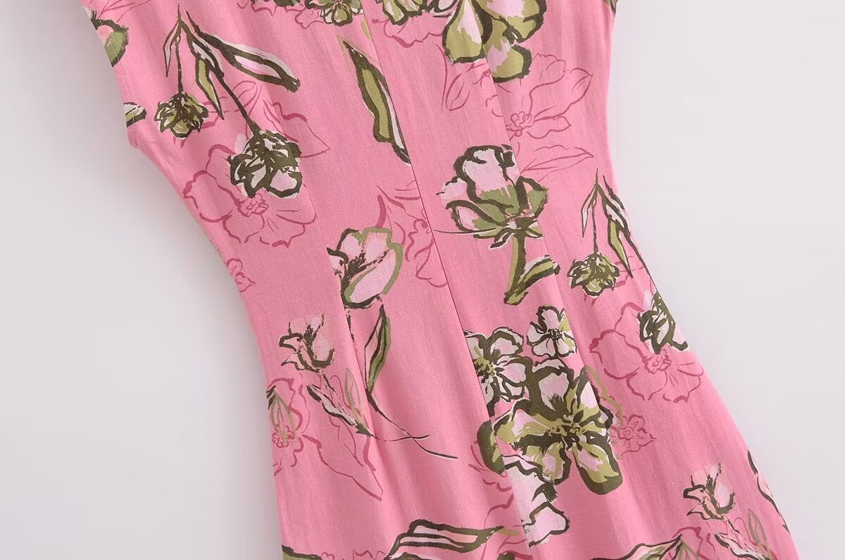 Women Cut Out Dress French Linen Blend Hollow Out Printed Summer Style