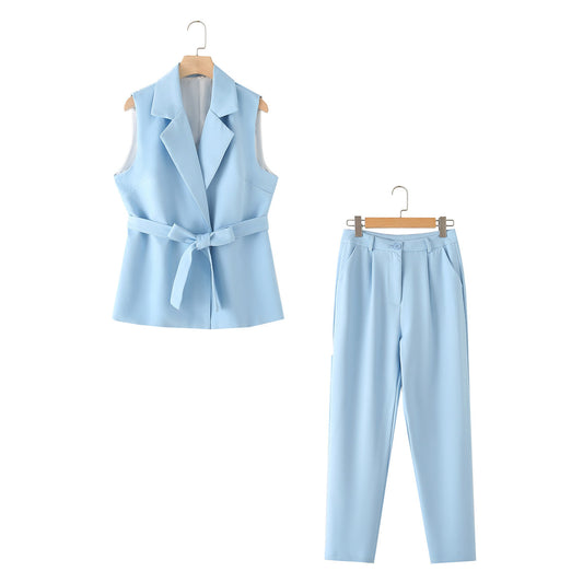 Casual Trousers Spring Solid Color Waist Tight and Belt Vest High Wais