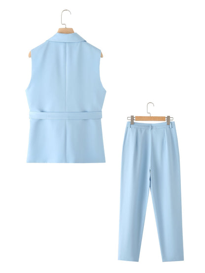 Casual Trousers Spring Solid Color Waist Tight and Belt Vest High Wais