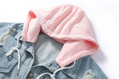 Hooded Denim Jacket Women Hooded Patchwork Denim Jacket