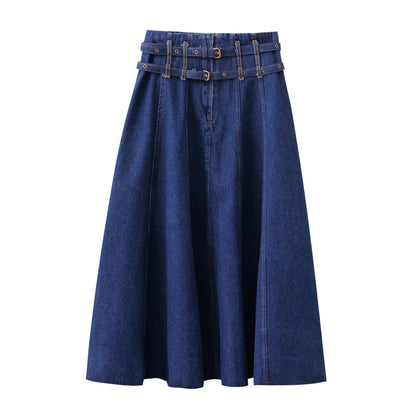 Skirt Women Retro Double Belt Raw Edge Denim Skirt Mid Length Skirt