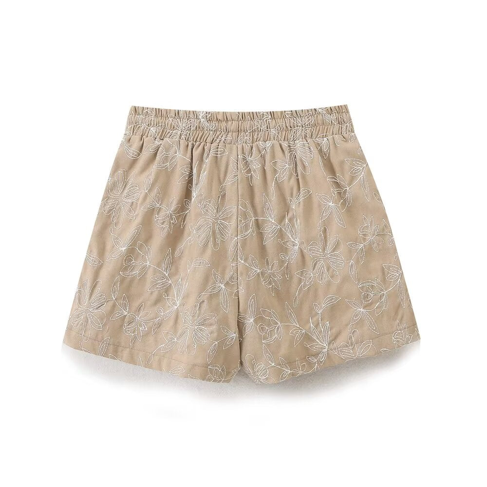 Embroidered Shorts Women Retro Easy Matching High Waist Lace up Shorts