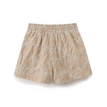 Embroidered Shorts Women Retro Easy Matching High Waist Lace up Shorts
