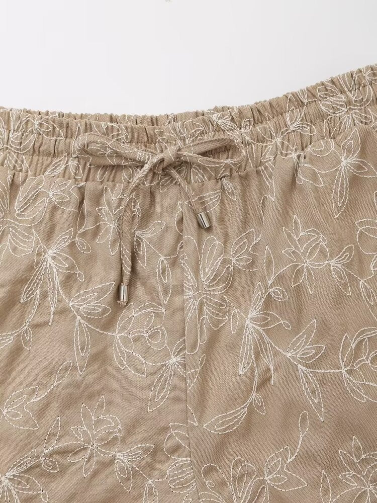 Embroidered Shorts Women Retro Easy Matching High Waist Lace up Shorts