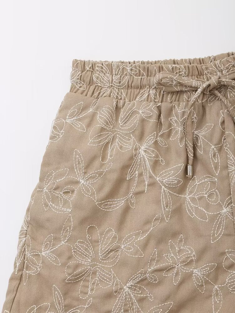 Embroidered Shorts Women Retro Easy Matching High Waist Lace up Shorts