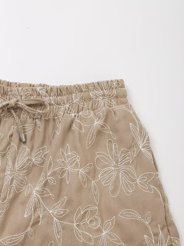 Embroidered Shorts Women Retro Easy Matching High Waist Lace up Shorts
