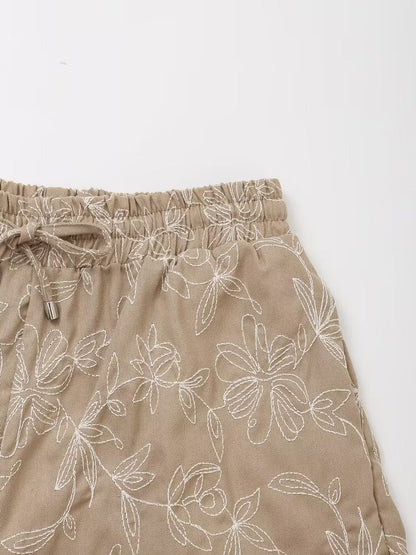 Embroidered Shorts Women Retro Easy Matching High Waist Lace up Shorts