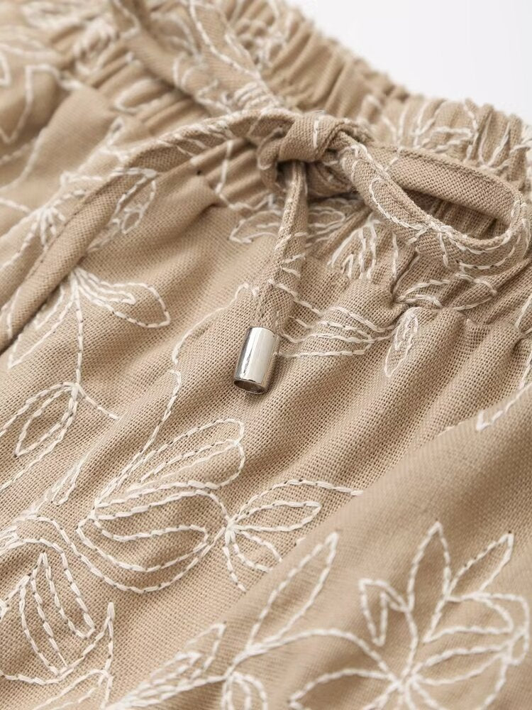 Embroidered Shorts Women Retro Easy Matching High Waist Lace up Shorts