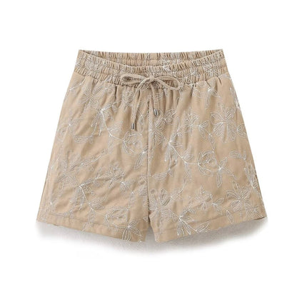 Embroidered Shorts Women Retro Easy Matching High Waist Lace up Shorts
