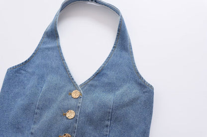 Backless Mini Dress Light Wash Faded Vintage Bodycon Sleeveless Denim.