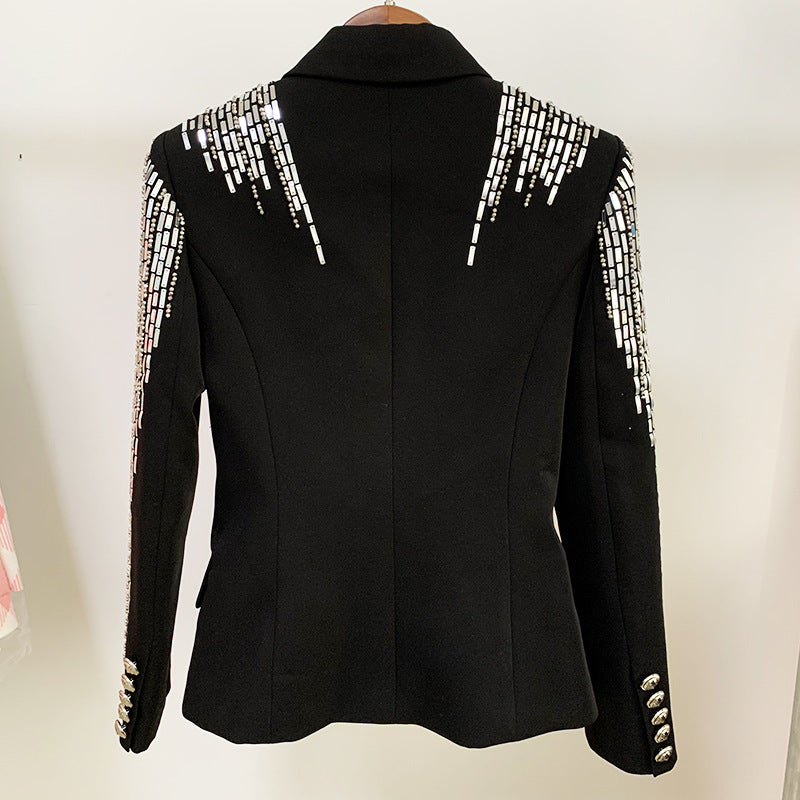  Women Jacket Jacket Double Breasted Heavy Industry Beads Slim Fit