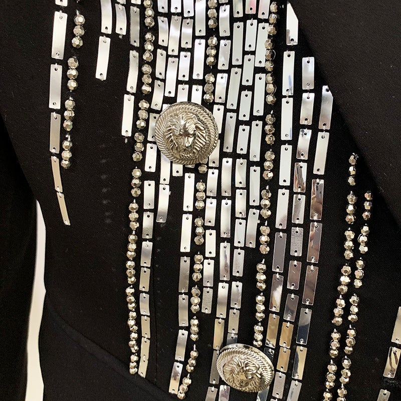  Women Jacket Jacket Double Breasted Heavy Industry Beads Slim Fit
