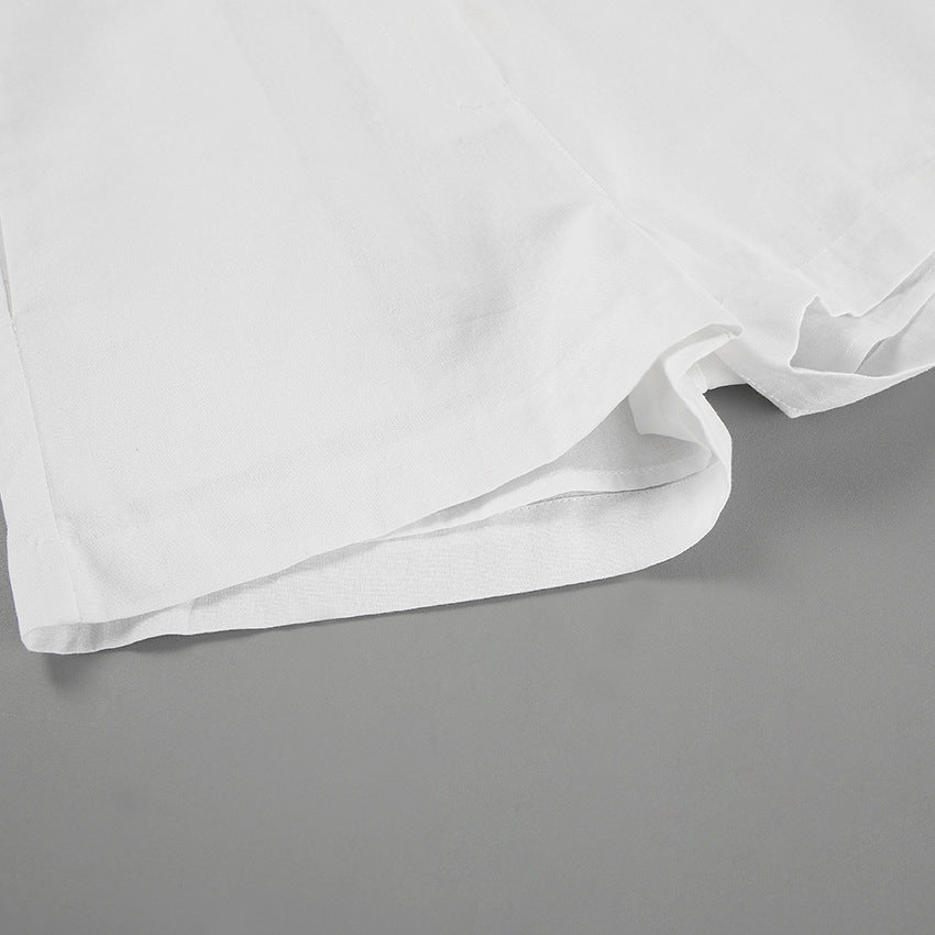 Casual Cotton Linen Long Sleeve Set Women Summer Design Black White Contrast Color Shirt Shorts