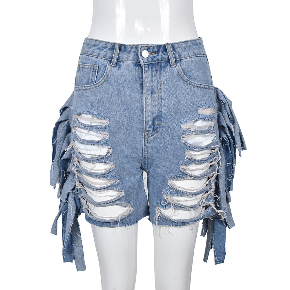 Women Clothing High Waist Ripped Washed Personalized Hole Tassel Short