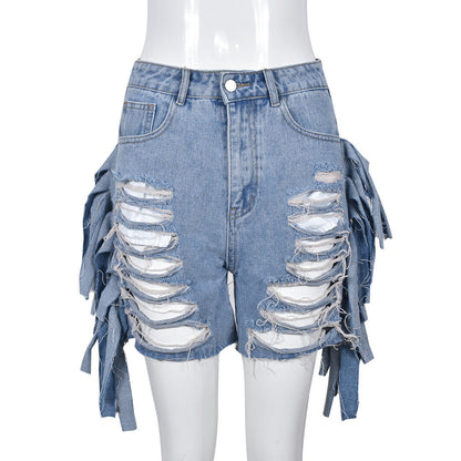 Women Clothing High Waist Ripped Washed Personalized Hole Tassel Short