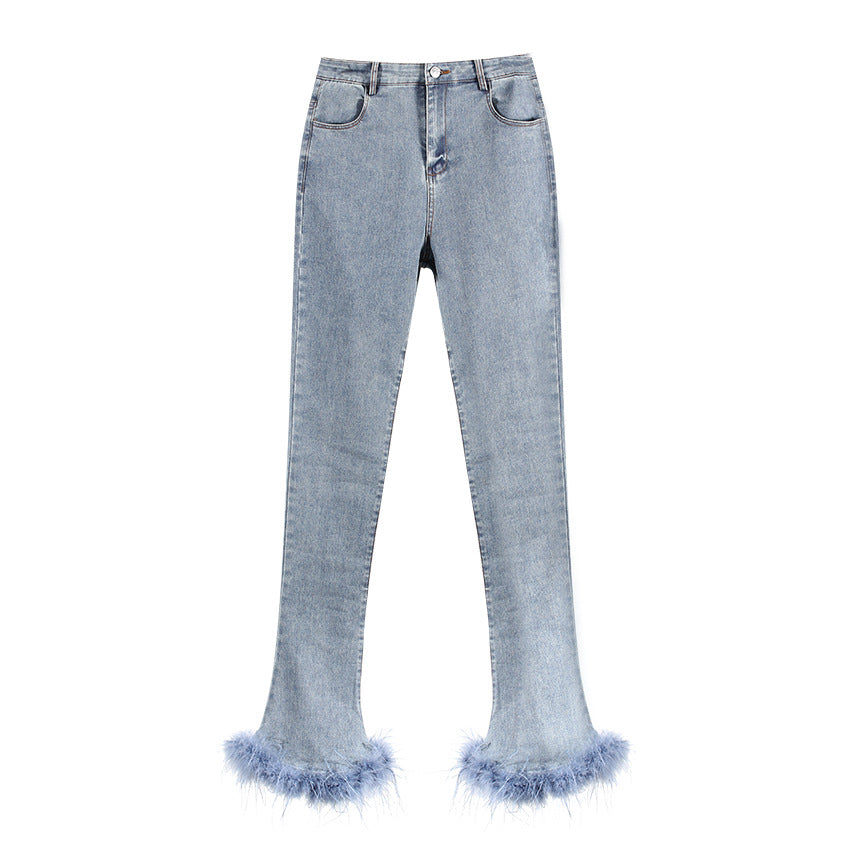 Bottom Pants Design Trousers Jeans Chic Stitching Ostrich Bell Trendy.