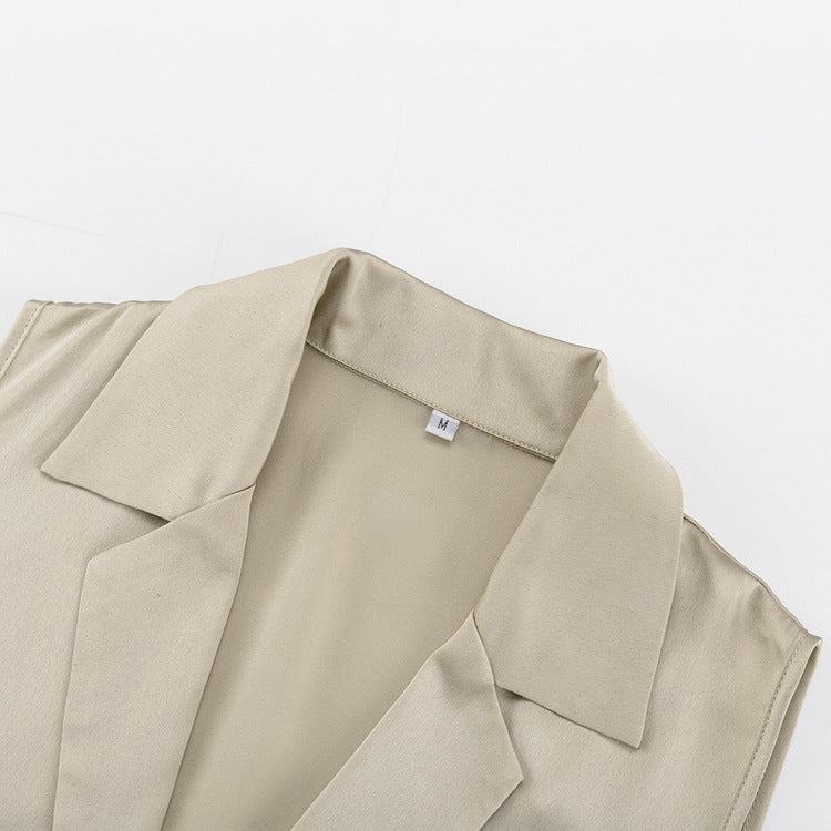 Women Clothing Sleeveless Satin Shirt Mid-Length Top Women Collared Drape Camisole Shirt
