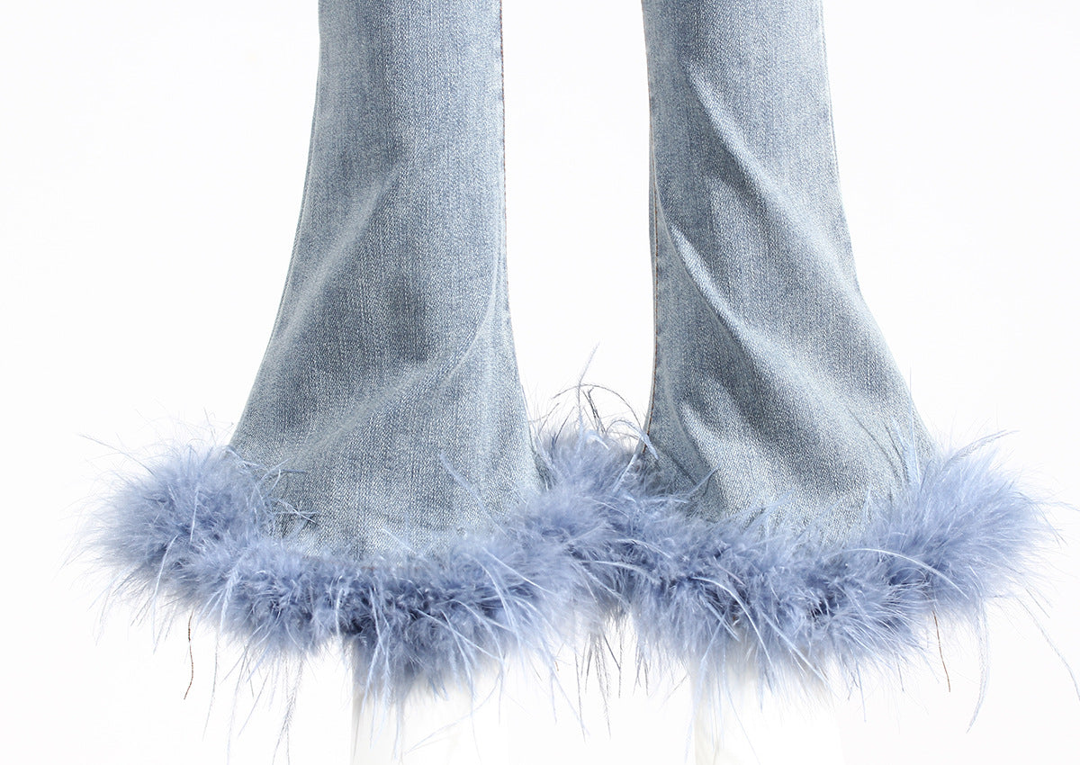 Bottom Pants Design Trousers Jeans Chic Stitching Ostrich Bell Trendy.