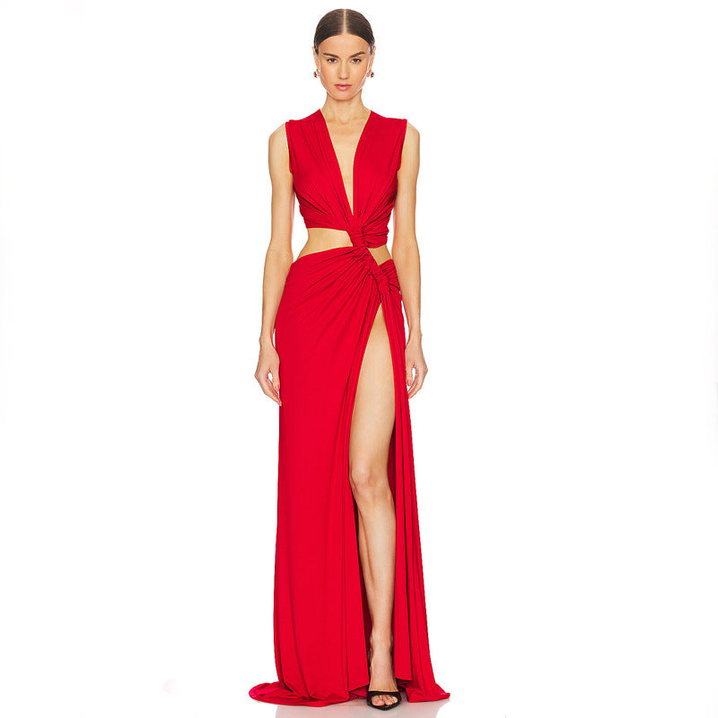 Sexy Maxi Dress Women Summer Solid Color Sexy Deep V Plunge Hollow Out