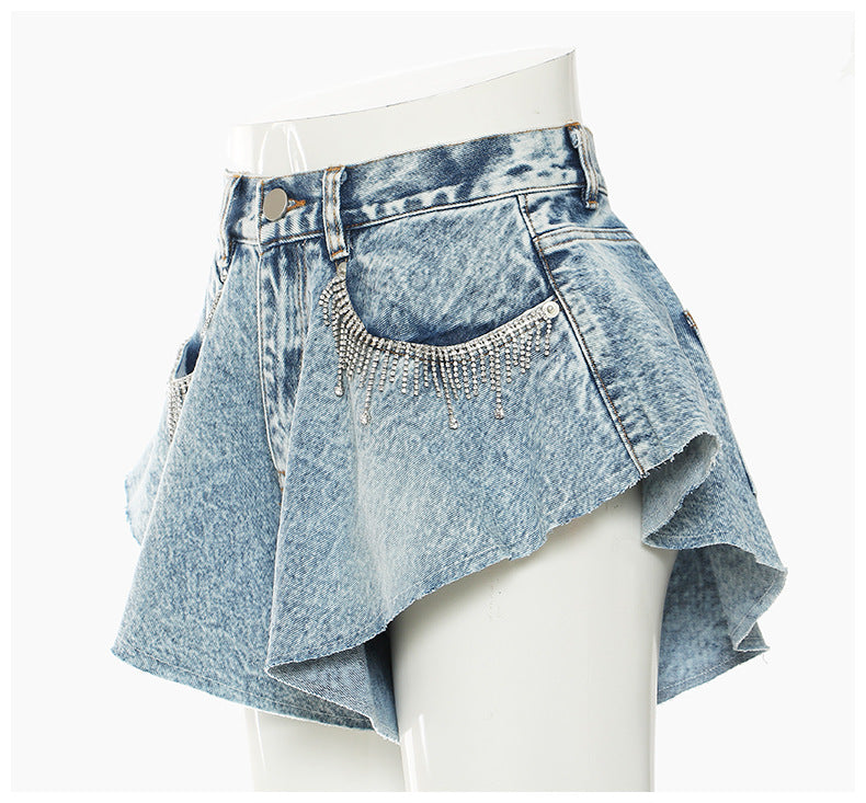 Denim Shorts Ruffled Hem Large Wide Leg Denim Shorts Pants Faux