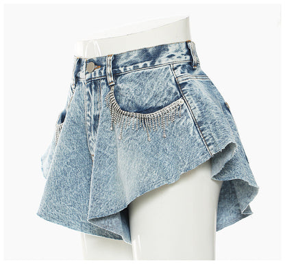 Denim Shorts Ruffled Hem Large Wide Leg Denim Shorts Pants Faux