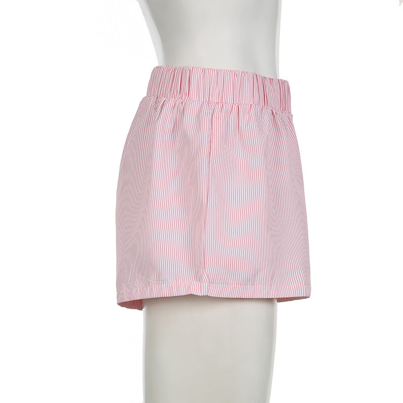 Beach Shorts Simple Blue Striped Women Loose Elastic Waist Sports Pant