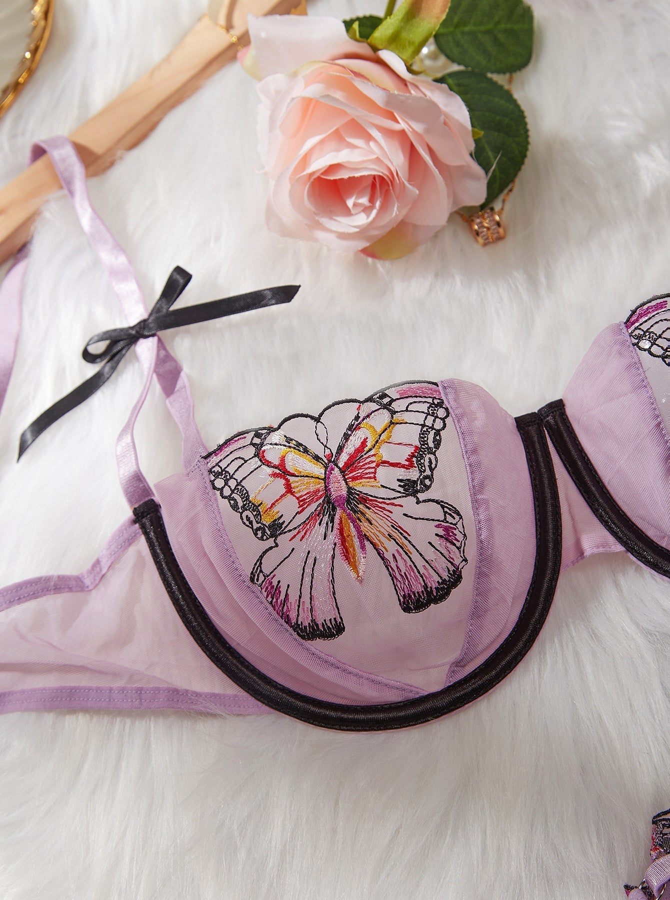 Butterfly Embroidery Transparent Mesh Girls Temptation Sexy Lingeries.