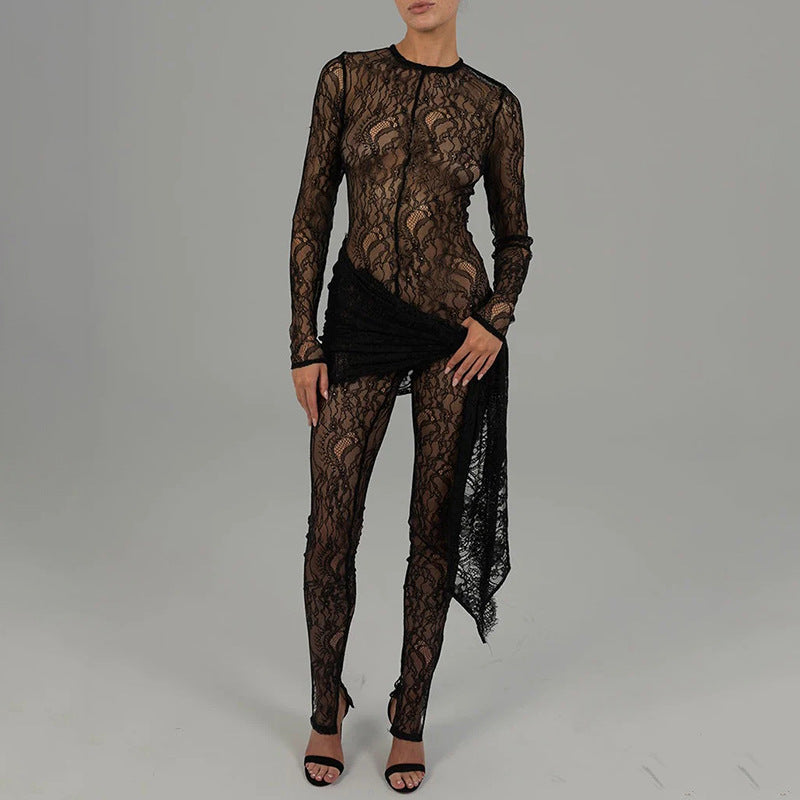 Lace Fall Sexy Hollow Out Cutout Sheer Long Sleeve Slim Fit Patchwork.