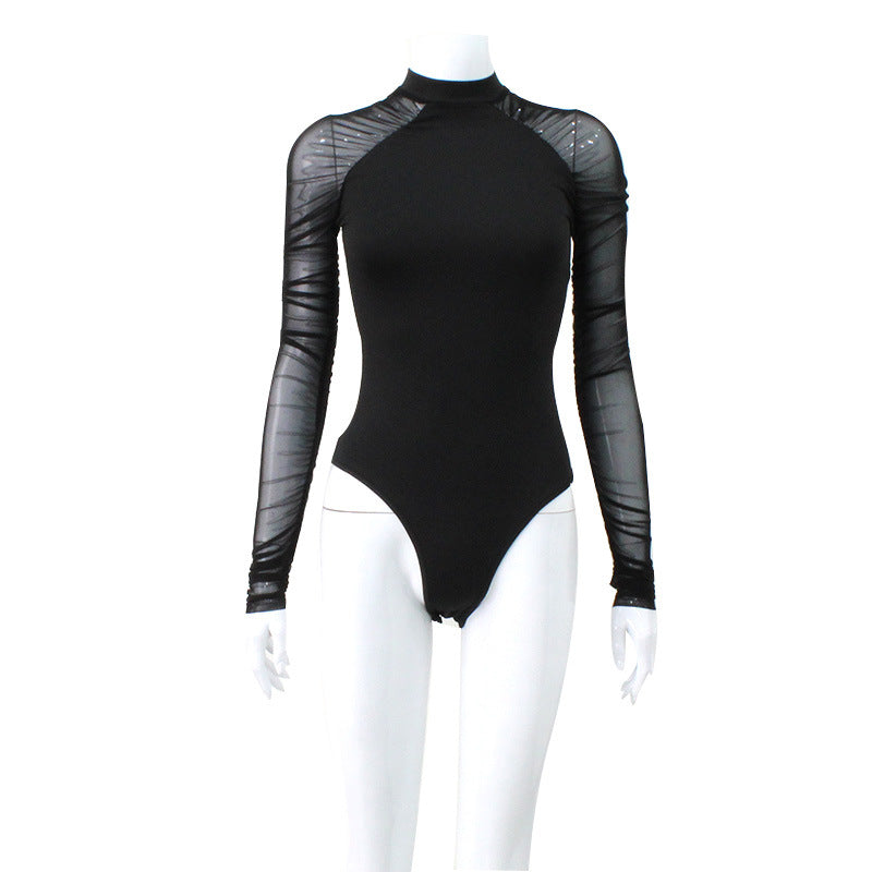 Mesh Jumpsuit Fall Women Clothing round Neck Stitching Long Sleeves