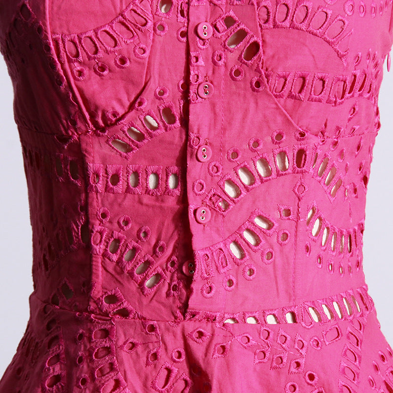 Embroidered Lace Summer Sweet Fresh Solid Color Strap Hollow Out Cutou